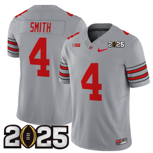 Men Ohio State Buckeyes #4 Jeremiah Smith Grey 2025 CFP Final Patch F.U.S.E. Vapor Limited Stitched NCAA Jersey